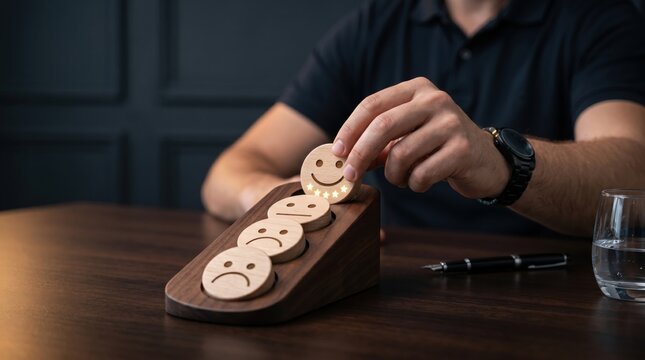 Man hand choosing happy smile face wooden block for customer satisfaction rating, service quality feedback survey scale, positive user experience and client review concept on da...