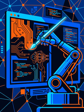 Artificial Intelligence Robotic Arm Designing Digital Circuitry and Software Code on a Futuristic Computer Screen Display
