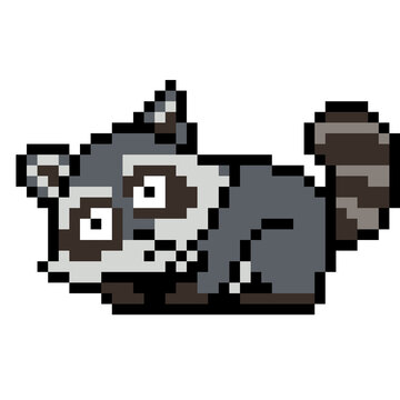 Relaxing or tired raccoon lying down pixel art icon for games or stickers.