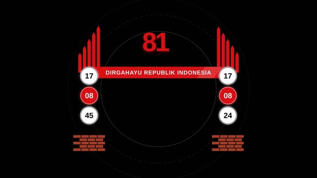 Indonesian Independence Day 81st anniversary patriotic animated motion graphics countdown with digital red and white infographic elements on a dark background for national holiday celebration event