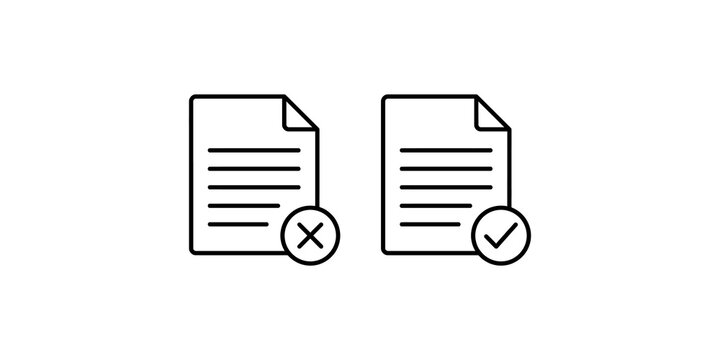 Approved and rejected document outline icons, accept and decline file marks