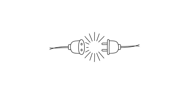 Electric plug and socket connecting with spark on dark background, concept of connection and energy