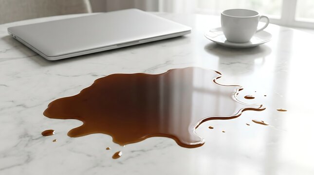 Spilled coffee on a white marble tabletop beside a closed laptop and a white coffee cup on saucer, representing an accidental spill in a workspace.