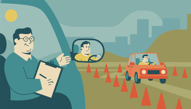 Driving instructor holds a clipboard inside a car while watching a student driver navigate orange traffic cones in the background.