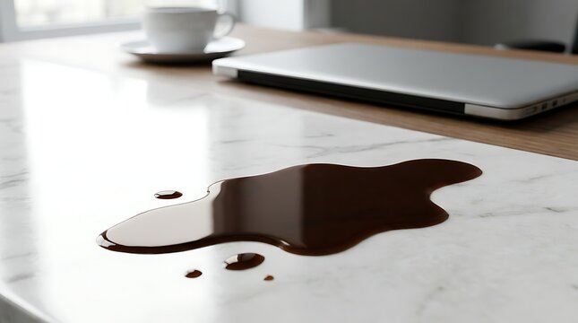 Spilled dark coffee liquid on shiny white marble surface with reflections laptop and cup nearby desk workspace elegant.