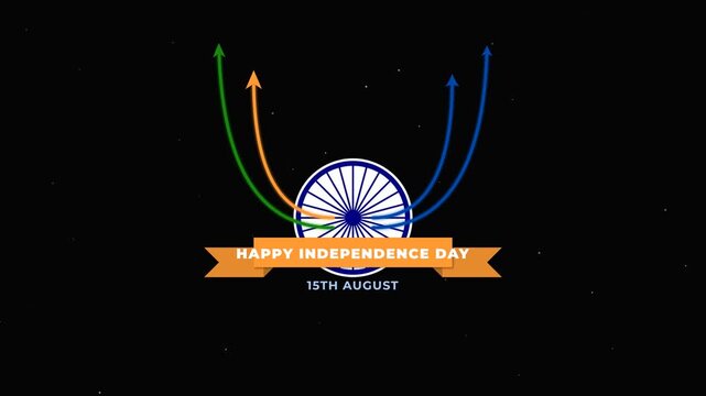 India Independence Day emblem animation with tricolor artistic swoosh lines on black background for patriotic national celebration and cultural pride event graphic concept