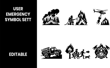 Fototapeta premium Firefighter and emergency wildfire response iconography set including rescue and forest fire icons with firefighter