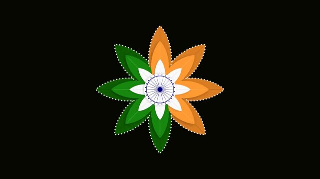 Indian flag tricolor flower spinning in a seamless 2D motion graphic loop on black background for patriotic national celebration and cultural pride design concept