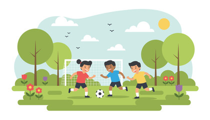 Fototapeta premium Group of three happy diverse children running and playing soccer together on a green grassy field in a park with a goal post behind.
