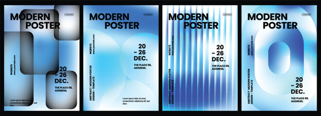 Four modern event poster templates featuring vibrant blue gradients and abstract geometric shapes with bold black typography arranged in a clean professional layout for business marketing © Sameer
