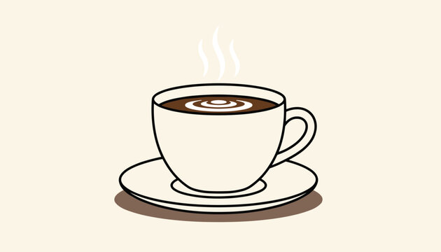 Hot steaming cup of coffee with a perfect milk foam pattern served on a matching saucer against a warm off-white background.