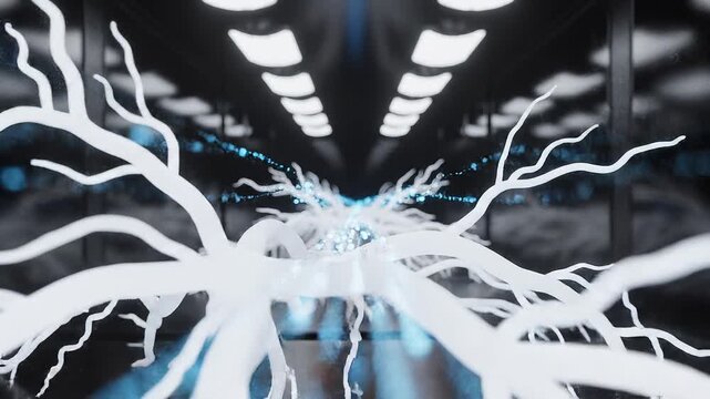 Futuristic 3D render of glowing white neural network fibers pulsing with blue light particles in a symmetrical cyber data tunnel corridor