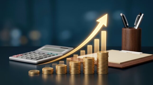 Stacks of gold coins forming rising bar chart with glowing arrow symbolizing financial profit and investment growth, accounting calculator and notebook on dark desk, economy suc...