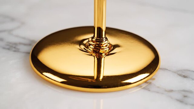 Elegant close up of a luxury golden wine glass base standing on white marble tabletop texture background