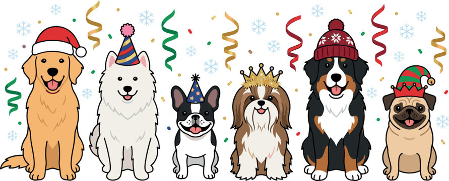 Cute cartoon dogs in festive party hats vector illustration set featuring golden retriever, samoyed, french bulldog, shih tzu, bernese mountain dog, and pug breeds.