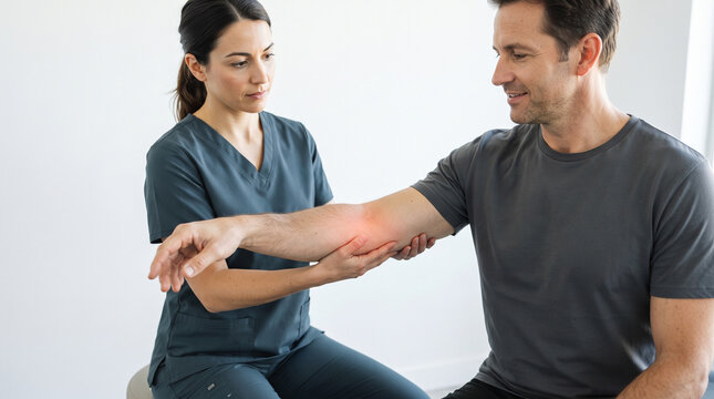 Physiotherapist in teal scrubs examines male patient elbow with focused lighting. Soft neutral background. Professional healthcare interaction. Cool tones with red highlight on joint