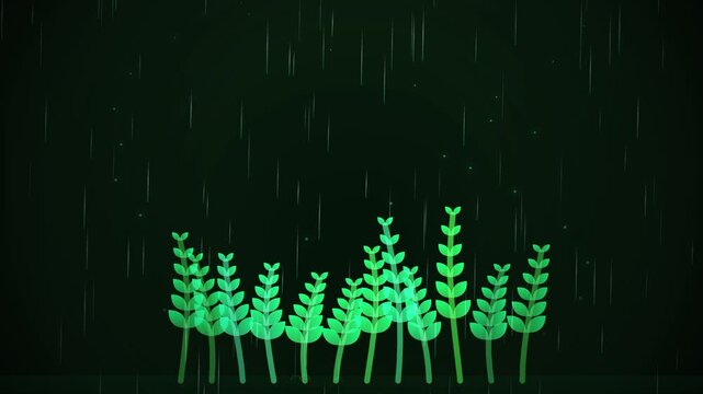 A vibrant green digital illustration of a forest landscape during a rainstorm, showcasing lush foliage and falling rain droplets, creating a dynamic and lively scene full of natural energy