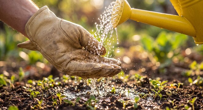 Gardener hand wearing leather glove catching fresh water streams from yellow watering can over seedlings with displays person wearing droplets falling yellow with agriculture