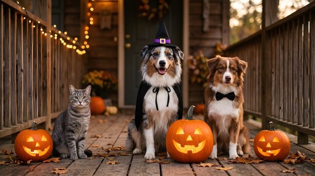 Happy halloween adorable pets in costume with jack o' lanterns for festive fall fun