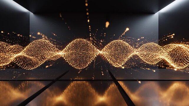 Futuristic 3D render of abstract glowing gold DNA double helix structure made of light particles on a dark reflective studio floor