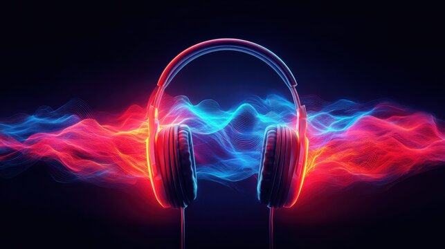 Headphones with vibrant sound waves against a dark background.