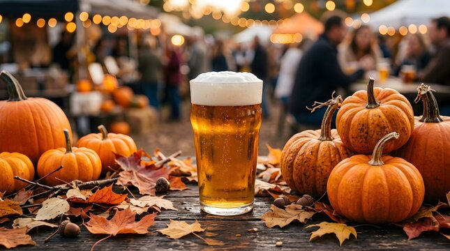 Happy halloween celebration refreshing beer with pumpkins and autumn festivities