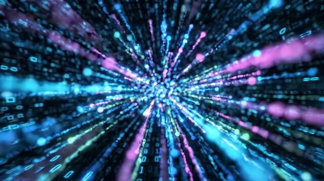 Abstract digital data stream, binary code tunnel effect with glowing particles and light trails, technology and information concept