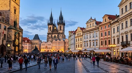 Obraz premium Stunning dusk view of the historic Old Town Square in Prague with gothic church architecture and lively crowds walking along cobblestone streets