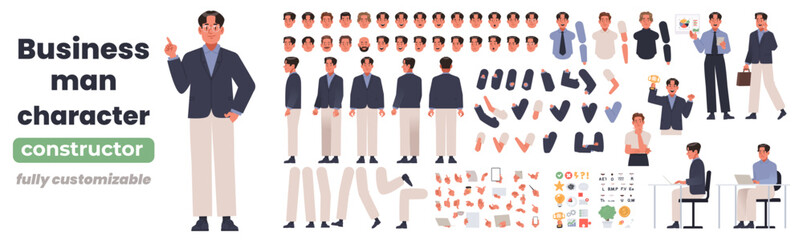 Fototapeta na wymiar Business man character constructor with customizable body parts, emotions, gestures and office accessories vector set