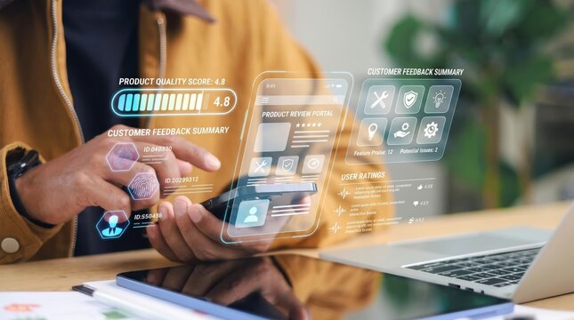 Futuristic product quality score dashboard, customer feedback summary and review portal interface with digital data analysis overlay on smartphone screen for modern business tec...
