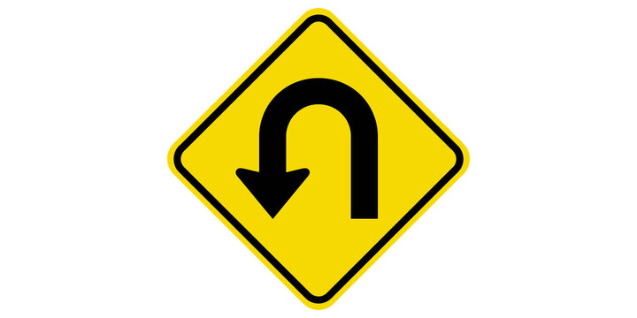 Yellow diamond U-turn warning traffic sign with curved directional arrow on transparent background