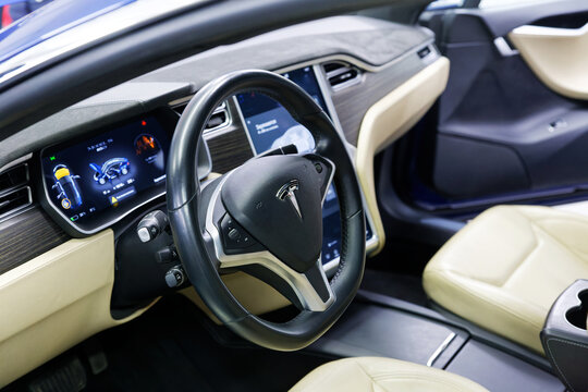 Ulyanovsk, Russia - March 16, 2019: Interior of a Tesla Model S electric car with steering wheel and dashboard.