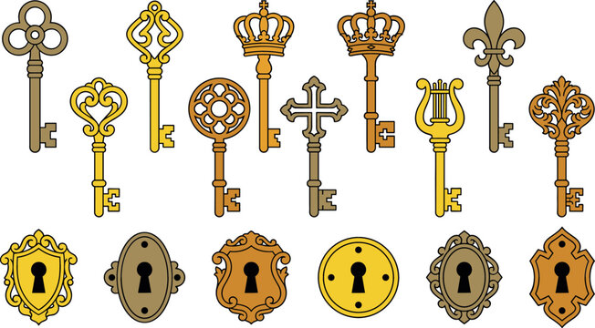 Vintage antique skeleton keys and decorative escutcheon keyholes vector illustration collection featuring gold crown, cross, and ornate fleur de lis elements.