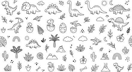 Cute Dinosaur and Prehistoric Nature Line Icon Set with Vulcano Tropical Plants and Dino EggsCute Dinosaur and Prehistoric Nature Line Icon Set with Vulcano Tropical Plants and Dino Eggs © MstZaheda