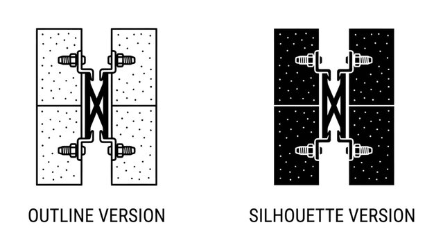 Building Facade System Details: Two detailed illustrations of a building facade system, showing an outline version and a silhouette version of the anchoring and cladding components.