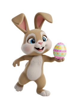 Anthropomorphic easter bunny 3d render with soft fur, blue eyes, and joyful smile, gently holding a vibrantly decorated egg against a white background, cheerful easter celebration
