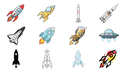 Diverse space rockets and UFOs in a clean vector illustration with ample copy space for commercial use © Graphic Seller