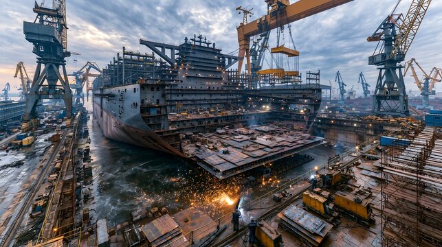 Realistic illustration of a massive cargo ship under construction in an outdoor shipyard dock with cranes.