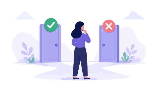 Decision making concept with woman choosing between right and wrong doors