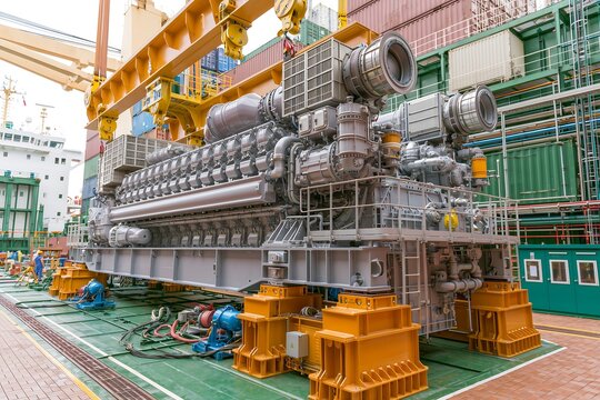 Realistic illustration of a huge marine diesel engine under construction in a shipyard dock with cranes.