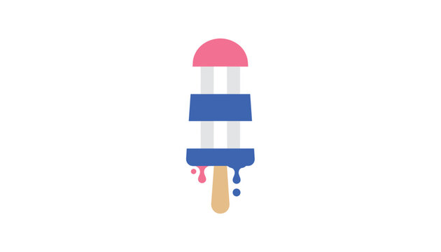Dripping rocket shaped ice pop in pink and blue colors on a wooden stick against a clean white background.