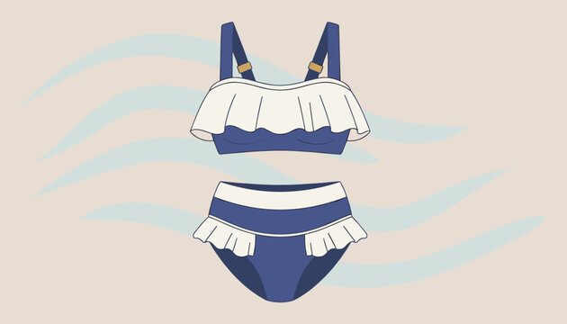 Blue and white ruffle bikini swimwear design with stylish high-waisted bottoms on a wavy blue gradient background.