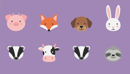 Obraz premium Cute cartoon animal faces including pig fox dog rabbit badger cow and sloth arranged on a purple background.