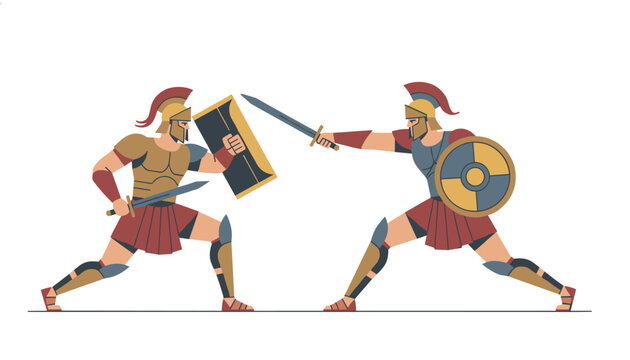 Two brave ancient gladiators fighting in battle with swords and shields clad in armor on a white background.