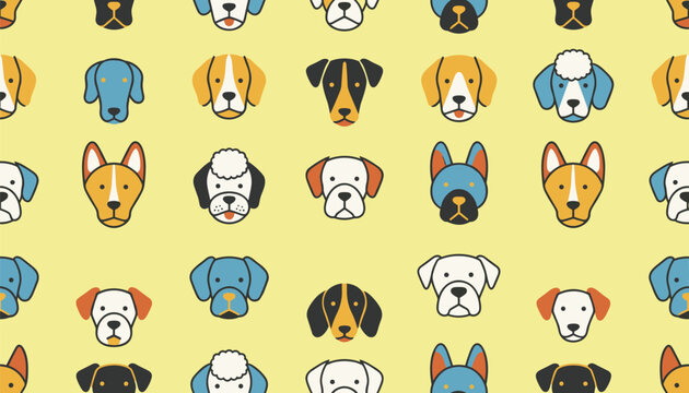 Seamless creative background pattern featuring cute cartoon dog faces of different breeds on a yellow backdrop.