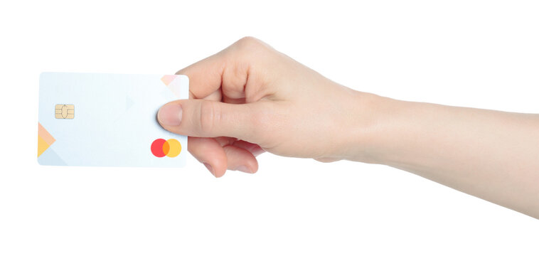 Hand holding a Mastercard bank card, isolated on transparent background. Payment card for online banking, cashless payment and finance concepts