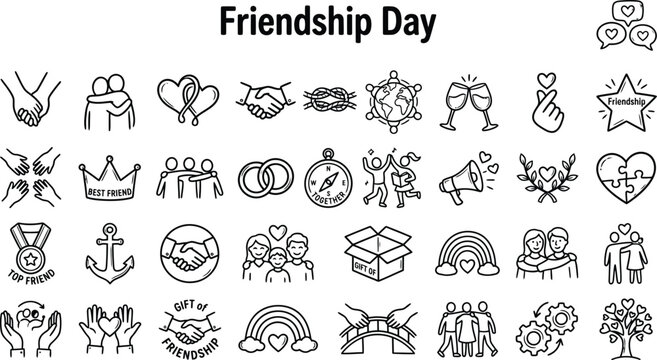Friendship Day Collection Line Icons On White Background