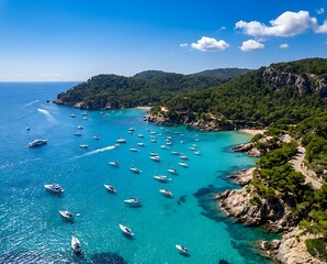 Fototapeta premium Panoramic drone shot of a picturesque coastline with deep blue sea, many yachts and sailboats in sheltered bay, lush green forest.
