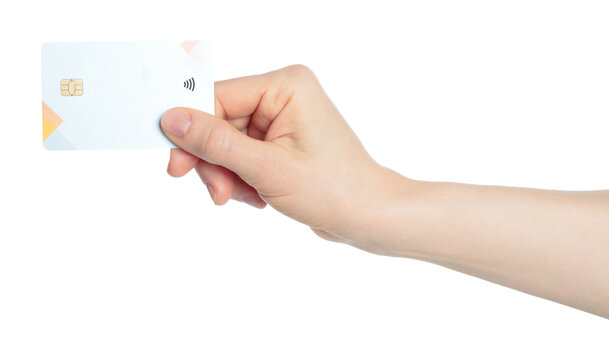 Hand holding a Mastercard bank card, isolated on transparent background. Payment card for online banking, cashless payment and finance concepts
