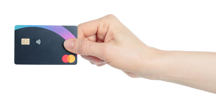 Hand holding a Mastercard bank card, isolated on transparent background. Payment card for online banking, cashless payment and finance concepts
